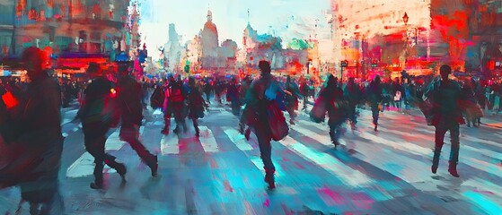 Poster - Vibrant bustling cityscape with a crowd of people walking through the streets of a dynamic modern urban environment  Commuters pedestrians and city dwellers navigating the busy downtown area