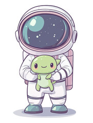 Poster - Cartoon character in astronaut suit holding a green turtle in a colorful space environment isolated on transparent background.