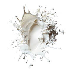 Poster - Splash of milk creating dynamic patterns in a dark background with droplets and fluid motion isolated on transparent background.