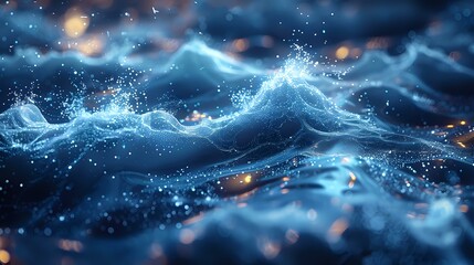 Poster - Magical ocean waves with glowing particles and splashing water at night, dramatic seascape with luminescent plankton effect and bokeh lights creating mystical atmosphere.