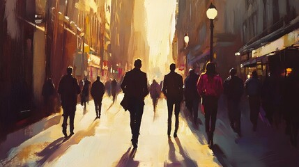 Poster - Vibrant city alley filled with silhouetted figures in motion highlighting the dynamic energy and hustle of urban life at twilight