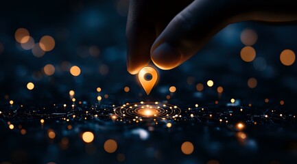 Poster - Finger touching glowing location pin marker against blurred city lights background with bokeh effect, concept of navigation and GPS technology.