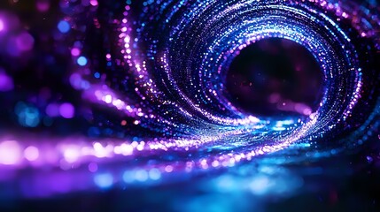 Poster - Swirling cosmic spiral with glowing blue and purple particles creating magical light tunnel effect against dark background, abstract space design.