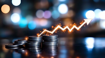 Poster - Growing stack of silver coins with glowing upward arrow graph showing financial growth and investment success against blurred bokeh background.