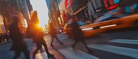 Poster - Vibrant city skyline with towering skyscrapers at sunset with a blurred crowd of people rapidly crossing a busy street in the financial district  The image captures the fast paced