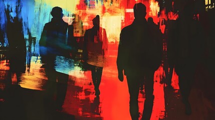 Poster - Vibrant City Street at Night with Silhouettes of People Walking in a Busy Colorful and Blurred Urban Scene