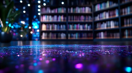 Poster - Dreamy library interior with purple and blue bokeh lights scattered across blurred foreground, bookshelves in background creating magical reading atmosphere.