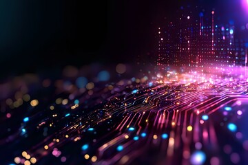Poster - abstract technology background with glowing pink and blue light trails, digital network connections 
