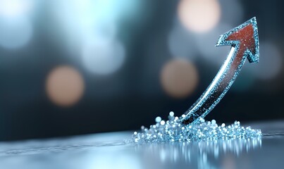 Poster - Glowing blue crystal arrow pointing upward emerges from scattered particles against dark bokeh background, symbolizing growth, success and digital transformation.