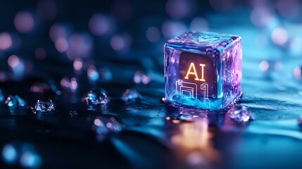 Poster - glowing ai cube on dark reflective surface with water drops and bokeh lights creates futuristic atmo