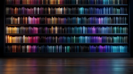 Poster - Vibrant multicolored light bars create dynamic vertical stripes against dark background with reflective floor surface, offering modern abstract backdrop for technology presentations.
