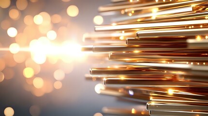 Poster - Glowing fiber optic cables transmit light signals against blurred golden bokeh background, creating modern technology and communication concept.