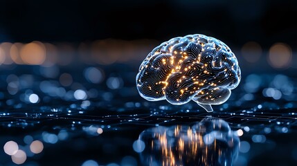 Poster - Glowing digital brain with neural network connections floating over reflective dark surface against blurred lights background, representing artificial intelligence.