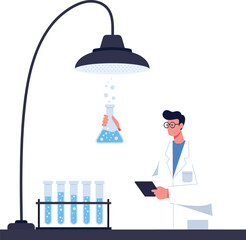 Poster - Scientist conducting experiments with lab equipment in minimal flat vector art
