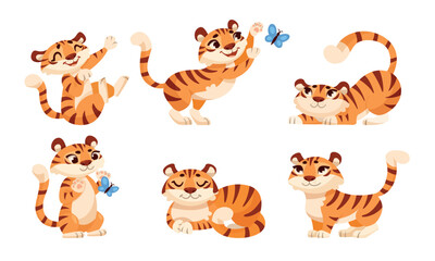 Wall Mural - cute tiger cub with striped orange fur in different pose vector set