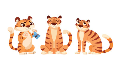 Wall Mural - cute tiger cub with striped orange fur in different pose vector set