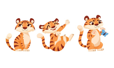 Wall Mural - cute tiger cub with striped orange fur in different pose vector set