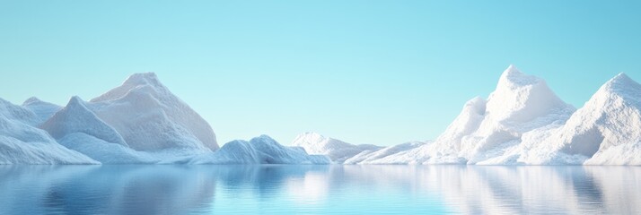 Poster - Panoramic view of a serene landscape featuring snowy mountains reflecting in calm, blue water under a clear, light blue sky, creating a tranquil and pristine scene