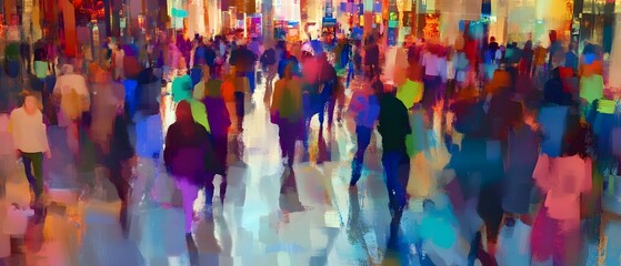 Poster - Vibrant crowd of people crossing a busy colorful city street at night in the downtown urban center with blurred motion neon lights and a sense of metropolitan energy and activity