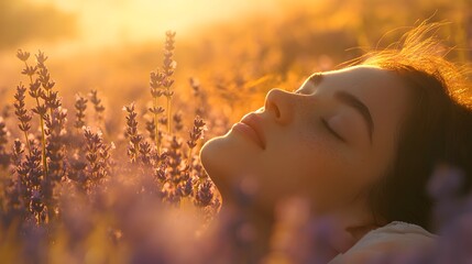 Aufkleber - Serene Woman Relaxing Among Lavender Fields at Sunrise Glow