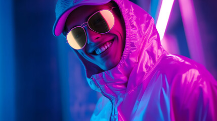 Aufkleber - Vibrant neon lit portrait of a stylish urban youth wearing a hoodie sunglasses and a confident smile capturing the energy and modern aesthetic of a dynamic city environment