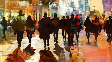 Poster - Vibrant nighttime city scene with silhouetted figures walking along a wet reflective street surrounded by neon lights modern architecture and bustling urban atmosphere