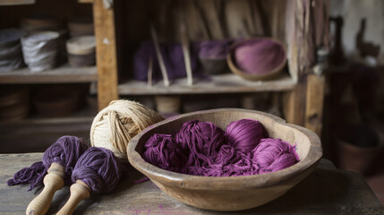 Poster - A rustic bowl filled with colorful yarns in shades of purple, surrounded by tools, showcasing a cozy crafting environment