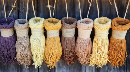 Poster - Colorful bundles of twine hang from a rustic background, showcasing a gradient of hues from purple to yellow to brown, creating a vibrant and textured display