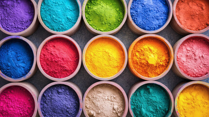 Aufkleber - A vibrant array of colored powders arranged in circular containers, showcasing a spectrum of hues perfect for artistic or festive uses