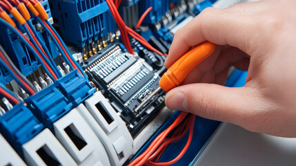 Aufkleber - A technician is using an orange tool to work on a circuit board with multiple blue connections and wires, indicating electrical maintenance or repair