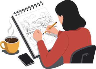 Poster - person sketching a landscape scene in a notebook while enjoying coffee flat vector art