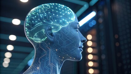 Fototapete - Digital Mind: A futuristic digital representation of a human head, showcasing intricate circuitry and a glowing brain, symbolizing the power of artificial intelligence and the potential of technology.