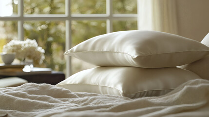 Poster - A cozy bedroom scene featuring soft pillows on a rumpled bed, with natural light streaming through a window, enhancing a serene atmosphere