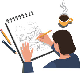 Poster - person sketching landscape in minimal style with coffee cup vector illustration