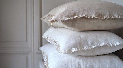 Poster - A stack of soft, textured pillows in neutral tones, featuring ruffled edges, add a cozy and elegant touch to a minimalist decor