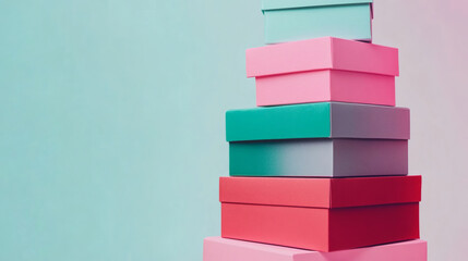 Poster - A colorful stack of gift boxes in various sizes, showcasing a vibrant mix of pink, teal, and gray hues against a soft background
