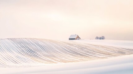Poster - Snow covered field creating a beautiful pattern with a lonely house standing on the hill at sunset in winter, creating a peaceful and serene atmosphere