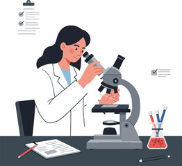 Poster - Scientist examining samples with microscope in flat vector art style