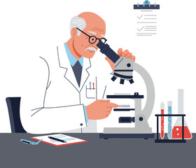 Poster - scientist examining samples through microscope in flat vector illustration style