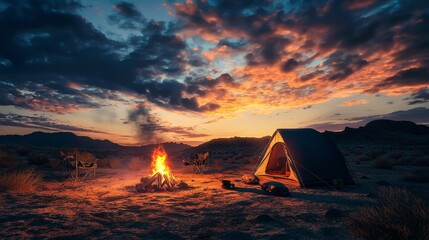 Wall Mural - Cozy camping scene at sunset with tent, campfire, and scenic desert landscape under vibrant skies and soft clouds