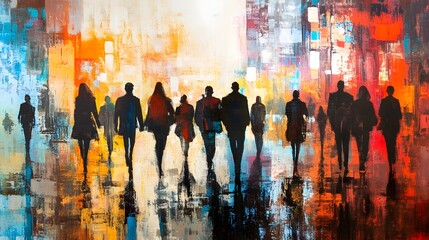 Poster - Vibrant Silhouettes of Bustling City Commuters in a Dynamic Urban Landscape  Blurred figures walking through a colorful abstract cityscape with reflective surfaces and a sense of energy and movement
