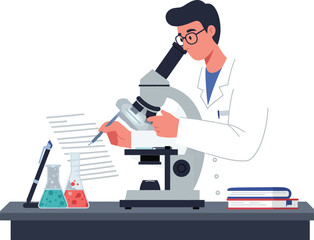 Poster - scientist observing samples through microscope in flat vector illustration