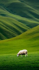Aufkleber - Grazing peacefully, a sheep enjoys the lush green grass in a vibrant field, surrounded by rolling hills that create a serene and picturesque pastoral landscape