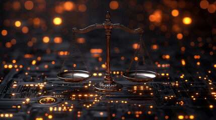 Poster - glowing balance scale stands on circuit board, symbolizing intersection of technology and justice. warm lights create futuristic and ethical ambiance