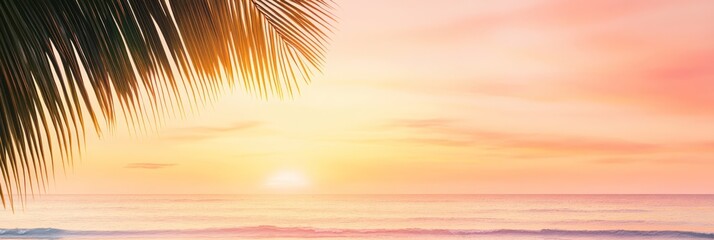 Aufkleber - Capturing a serene sunset over a tranquil ocean, palm tree leaves frame a vibrant sky, creating a picturesque scene of tropical paradise and relaxation by the coast