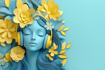 Canvas Print - A serene woman with blue hair surrounded by vibrant yellow and blue flowers, listening to music with headphones, representing relaxation and tranquility