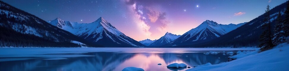  Milky Way over a frozen lake near snow-capped mountains at dawn, stars, lake