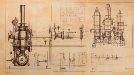 Poster - Designing an industrial machine blueprint workshop technical blueprint engineering environment side view industrial machinery