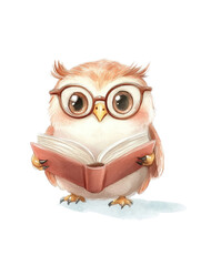 Poster - Watercolor painting of a cute owl reading a book in a whimsical and colorful forest setting isolated on transparent background.