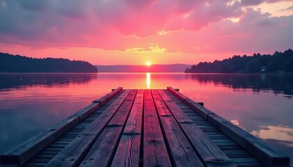 Wall Mural - soft pink light on a wooden dock at sunset by the lake, sunset, light